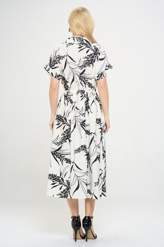 Print Collared V neck Midi Dress with Pockets-4