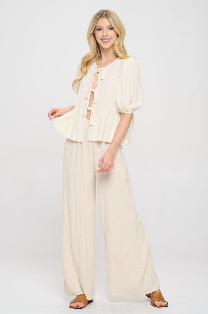 Linen Solid Puff Sleeve Top with Front Bow Detail-4