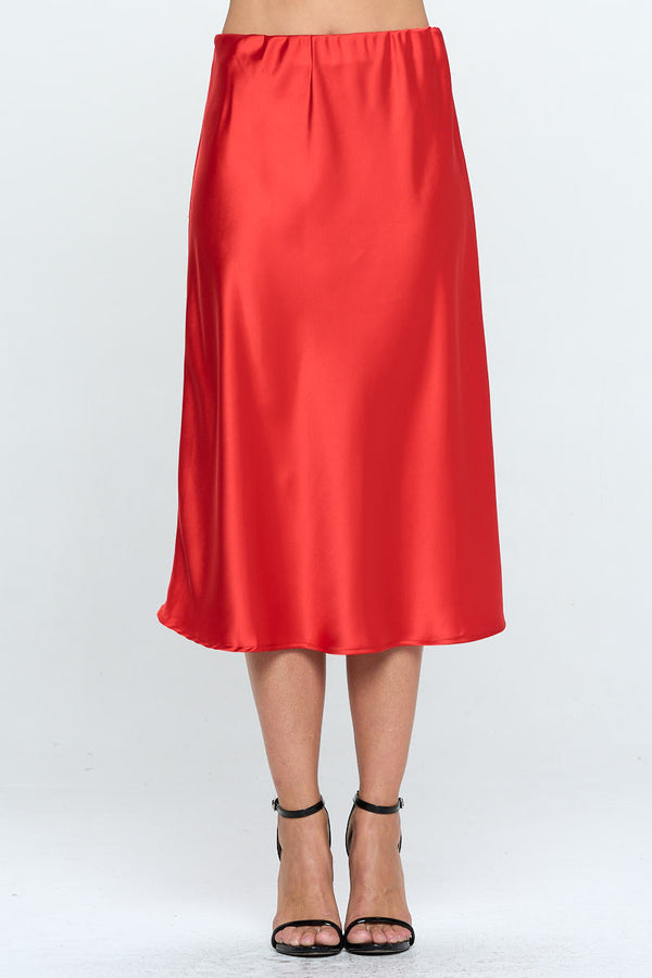 Solid Stretch Satin Midi Skirt-0