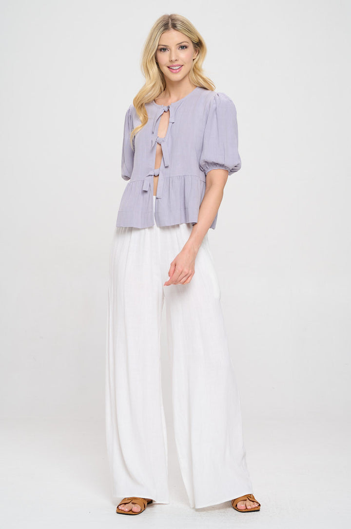 Linen Solid Puff Sleeve Top with Front Bow Detail-4