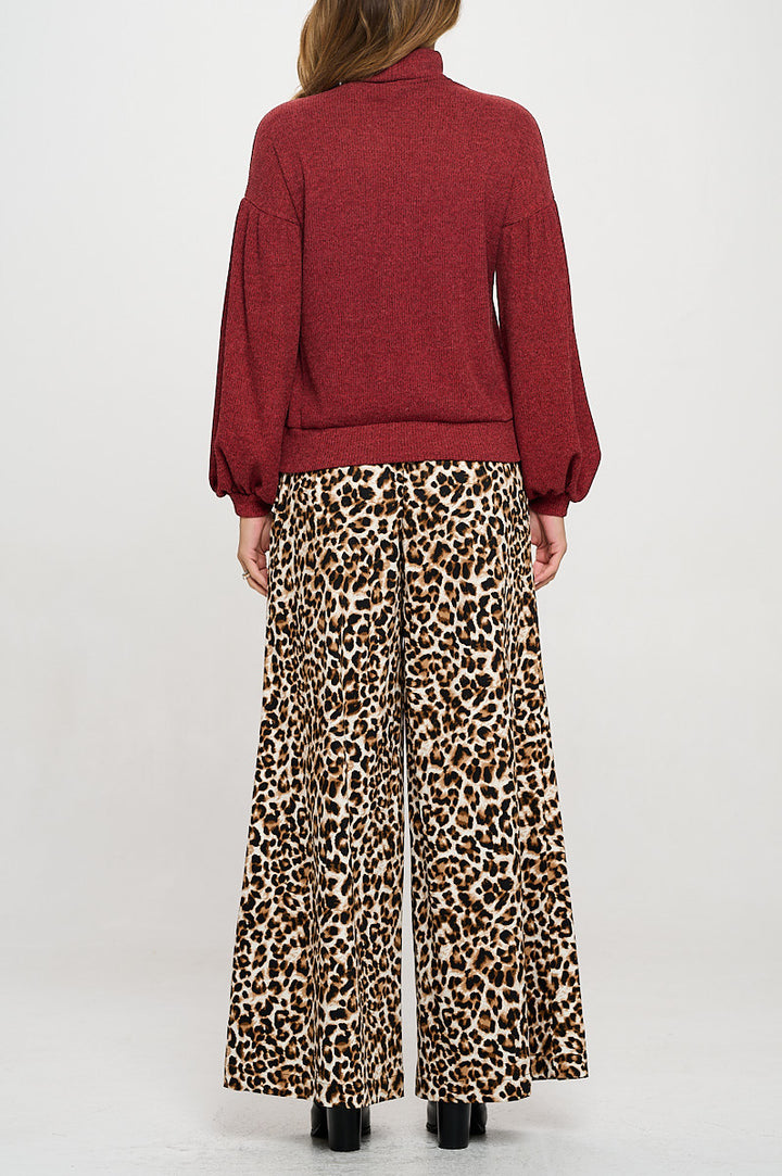Rib Knit Turtleneck Top with Balloon Cuffed Sleeve-3