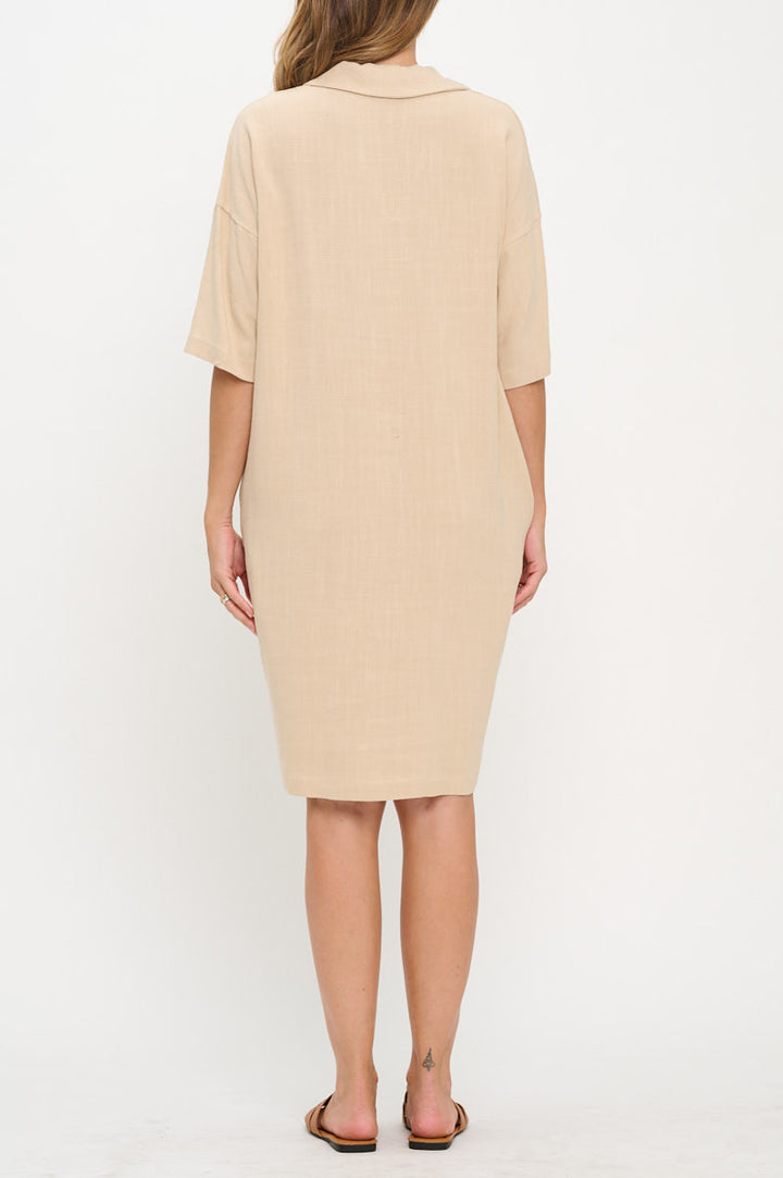 Linen V neck Collared Dress with Pockets-4