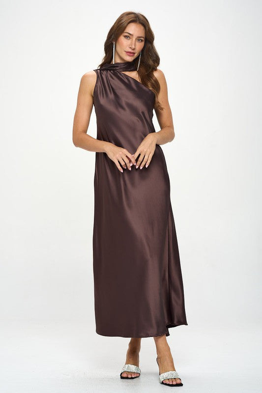 One Shoulder Satin Maxi Dress with Scarf Detail-3