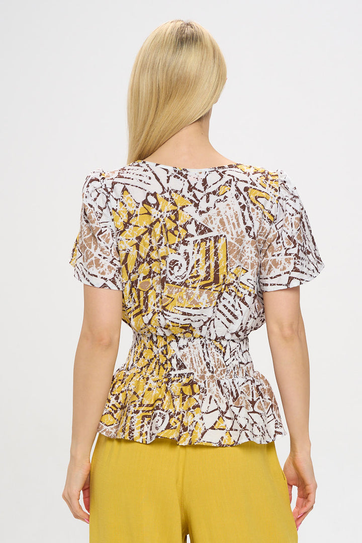 Abstract Print V neck Short Sleeve Top with Smock Waist Detail-3
