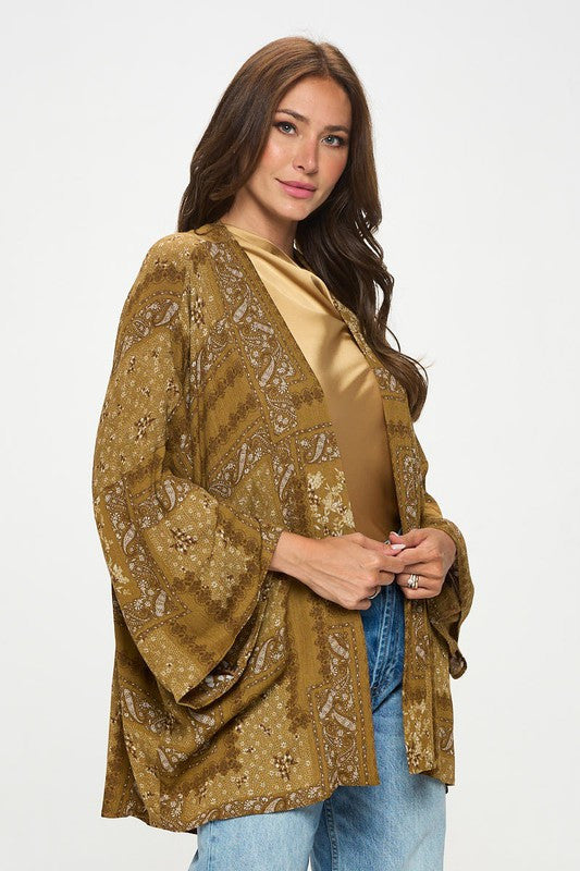 Boho Patch Print Open Front Kimono Cardigan-1