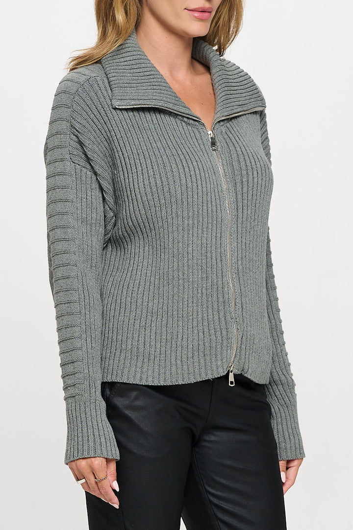 Cotton Knit Detail Long Sleeve Zip Up Sweater-2
