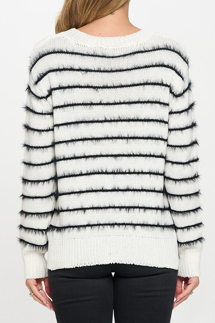 Striped Fuzzy Long Sleeve Pullover Crewneck with Side Slit-3