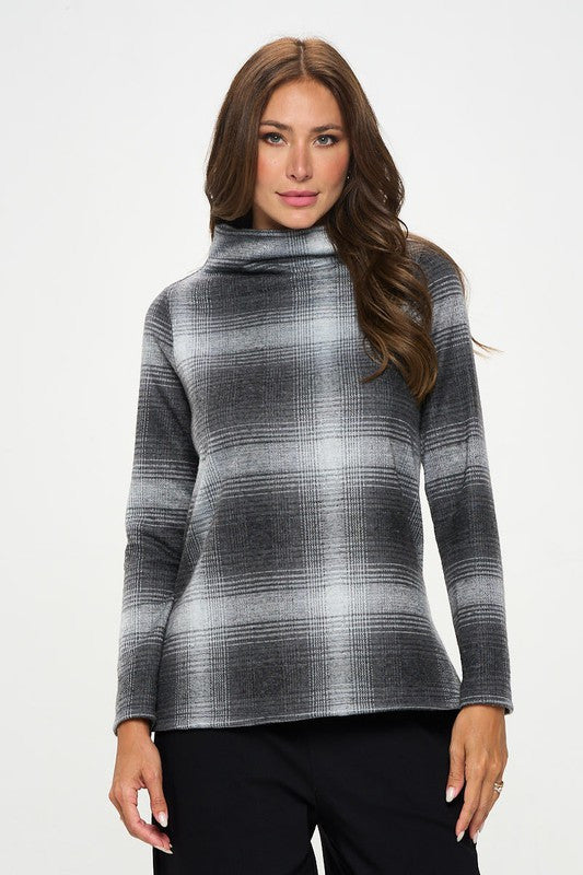 Plaid Print Knit Long Sleeve Mock Neck Top-1