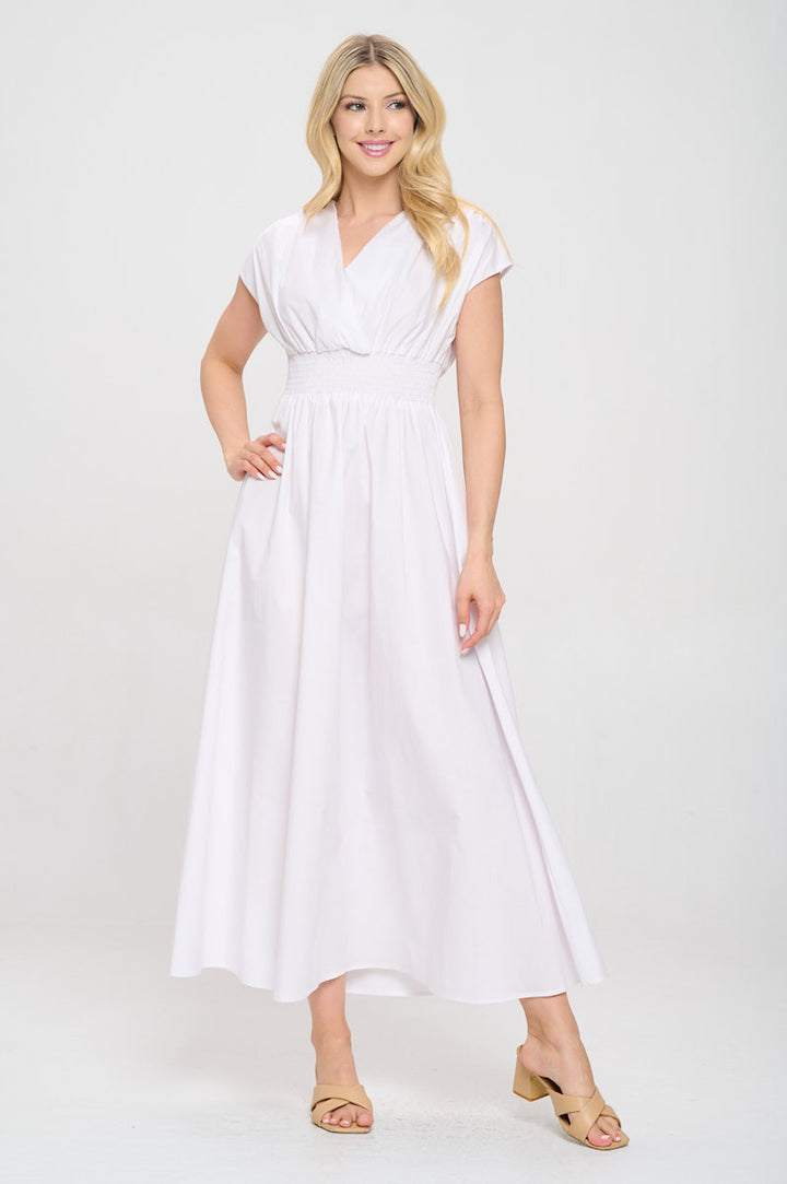 Cotton Solid V neck Maxi Dress with Smock Waist-2