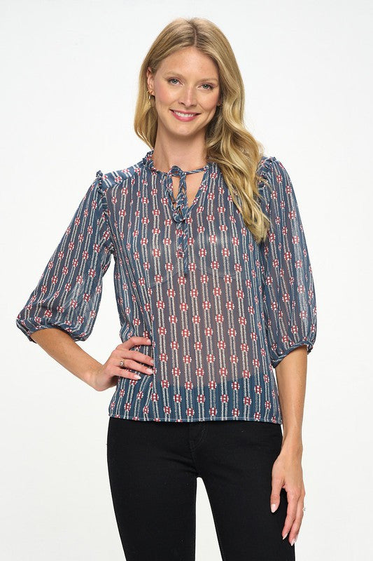 Print Semi Sheer Top with Tie-1