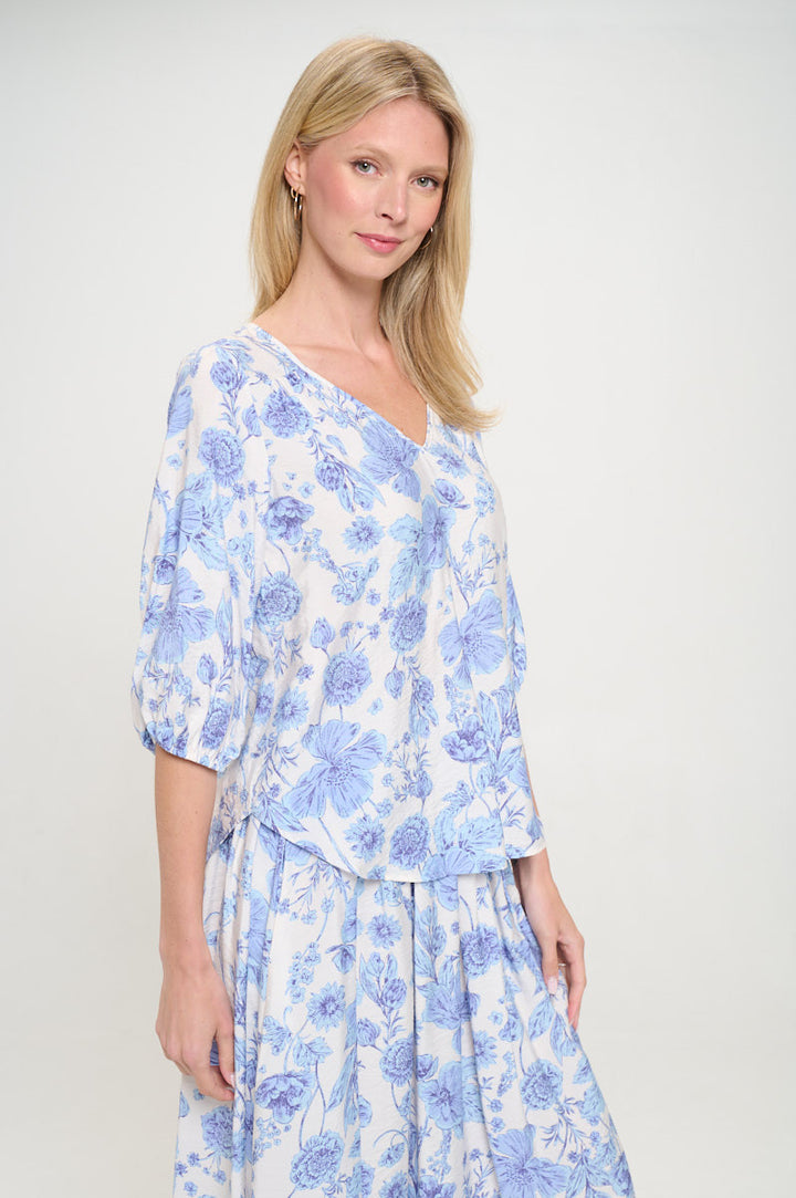 Floral Print V neck 3/4 Sleeve Top-2