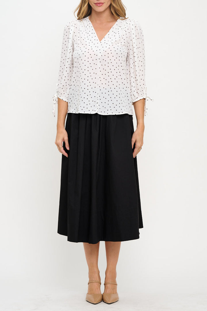 Polka Dot Semi Sheer V neck Top with Sleeve Tie-1