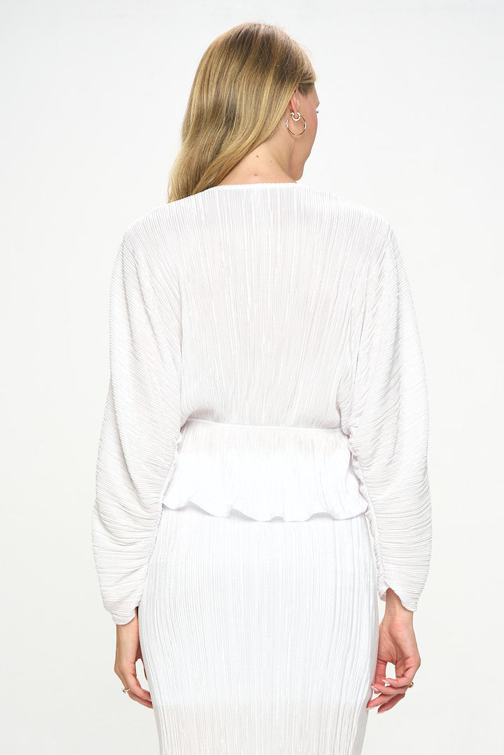Plisse V neck Top with Balloon Dolman Sleeve-3
