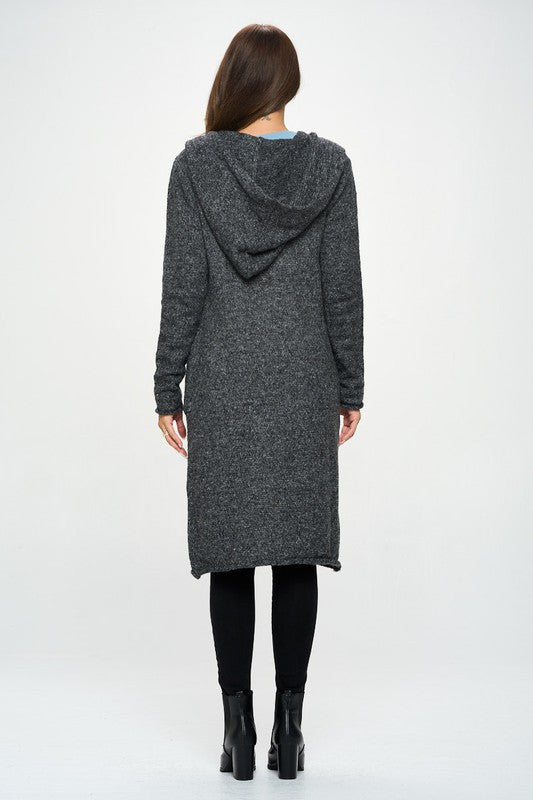 Charcoal Knit Open Front Cardigan Sweater with Pockets and Hood-4