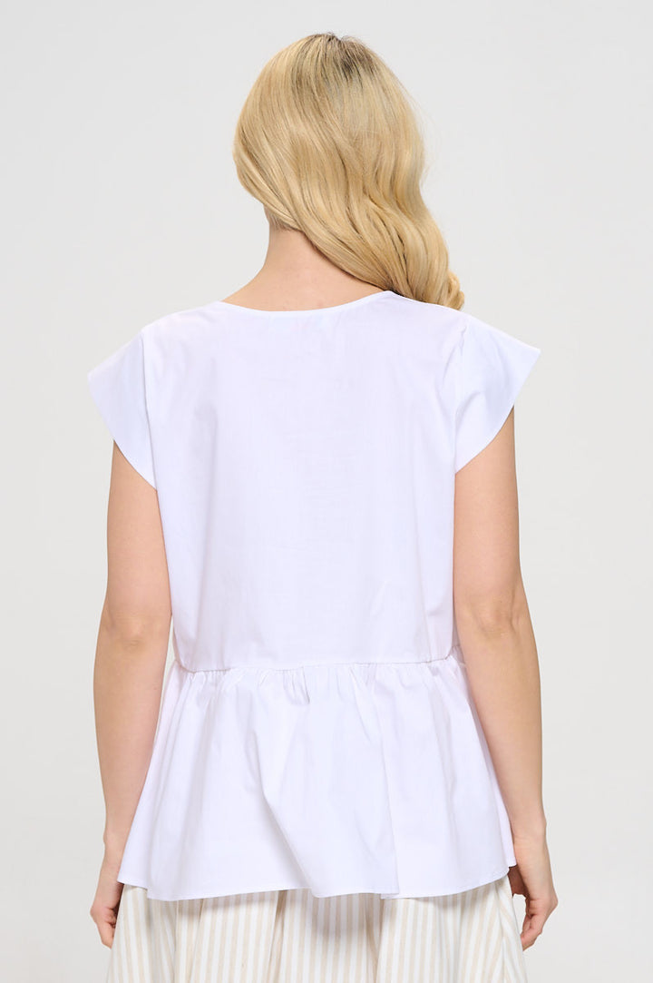 Cotton V neck Short Sleeve Top with Tiered Hem-3