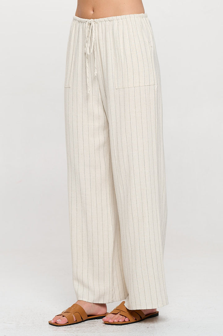 Linen Striped Adjustable Straight Leg Pants with Pockets-1