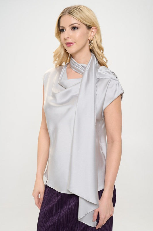 Satin Cowl Neck Short Sleeve Top with Scarf Detail-3