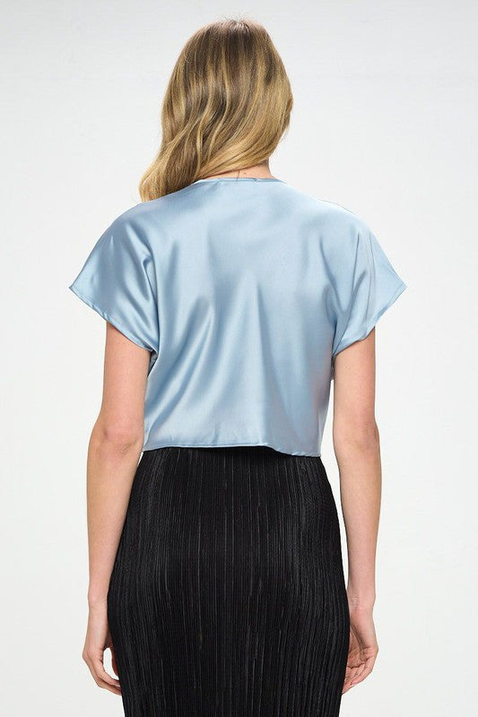 Satin Short Sleeve Top with Front Twist-2