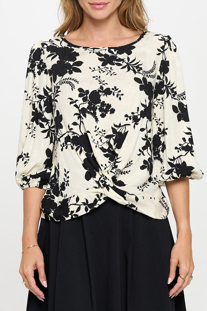 Floral Print 3/4 Sleeve Top with Front Twist-1