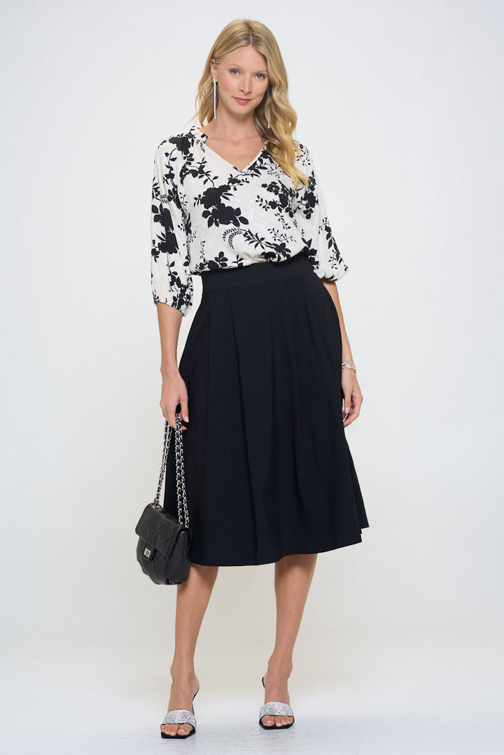Flower Print Notch Neck 3/4 Sleeve Top-2