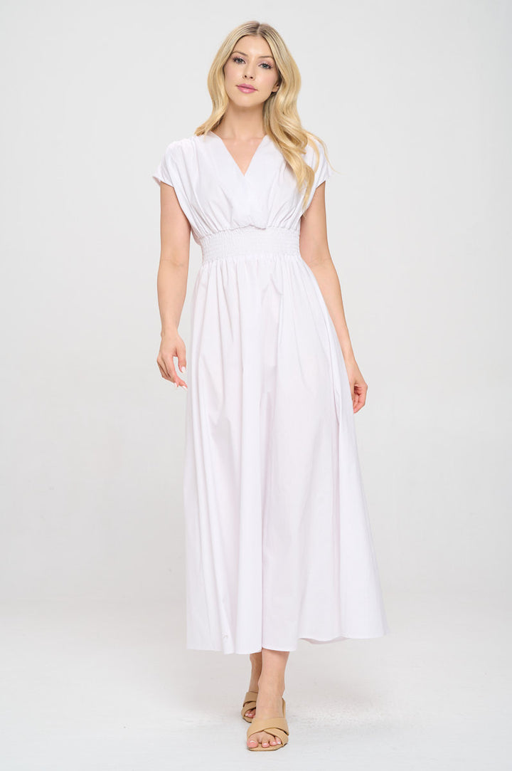 Cotton Solid V neck Maxi Dress with Smock Waist-1