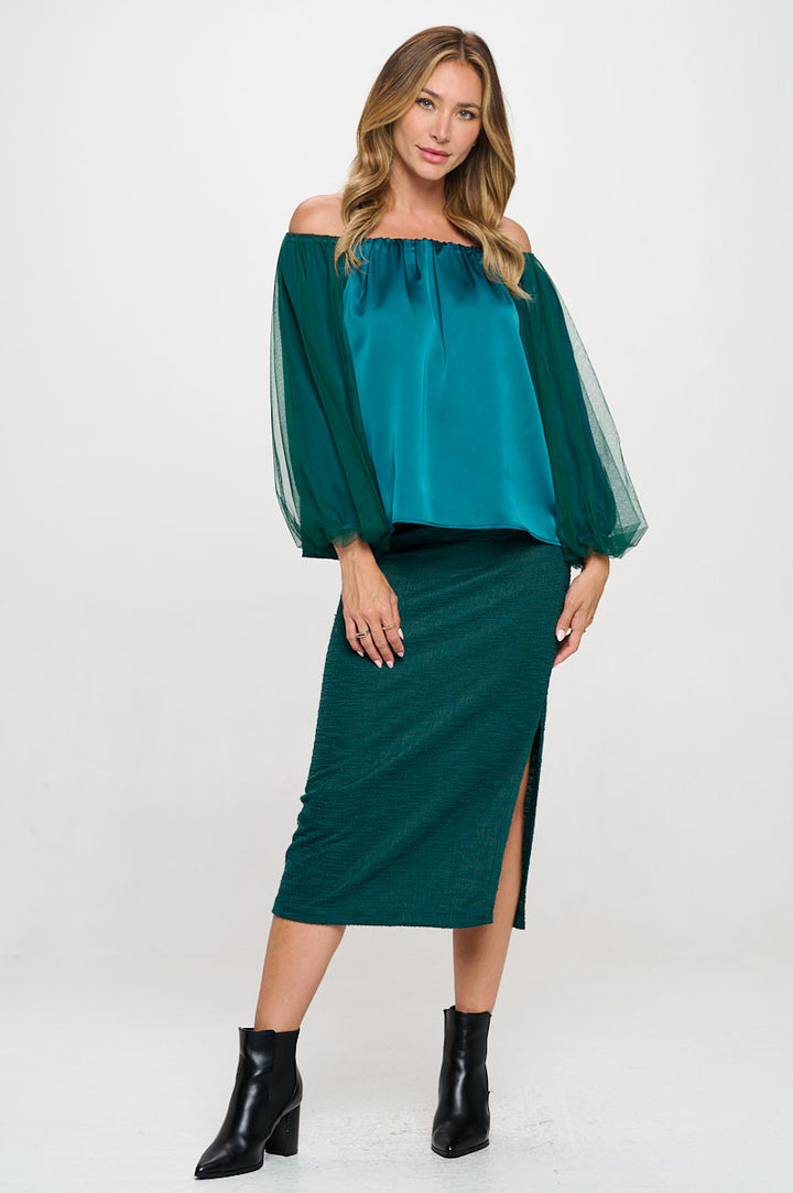 Solid Satin Front Versatile Top with Mesh Sleeve-4