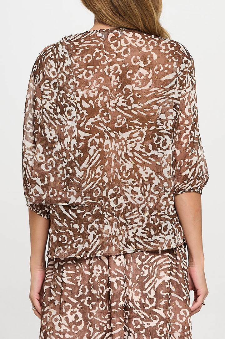 Abstract Print Sheer 3/4 Sleeve with Scarf Detail-4