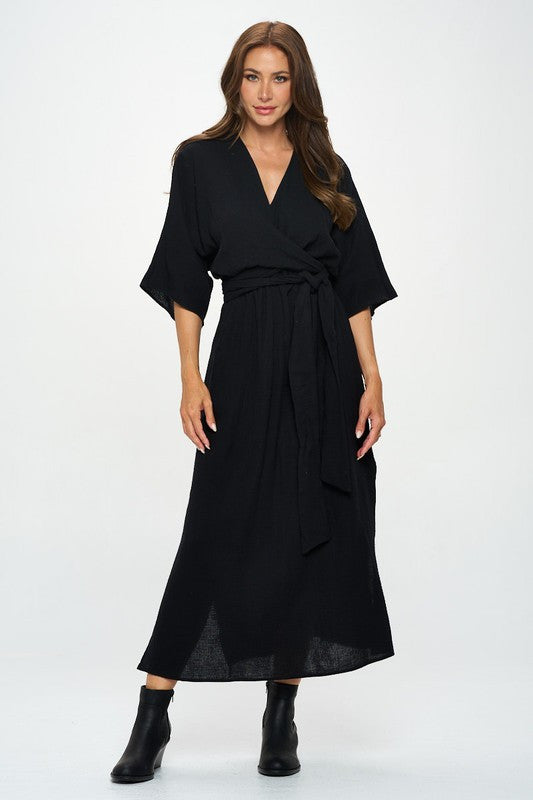 Solid Kimono Style Maxi Dress with Tie-1