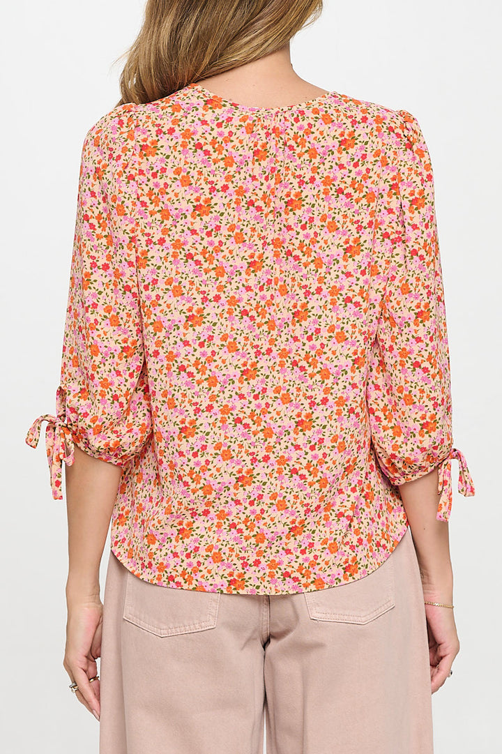 Floral Print V neck Top with Sleeve Tie-3