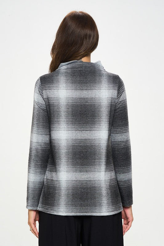 Plaid Print Knit Long Sleeve Mock Neck Top-3