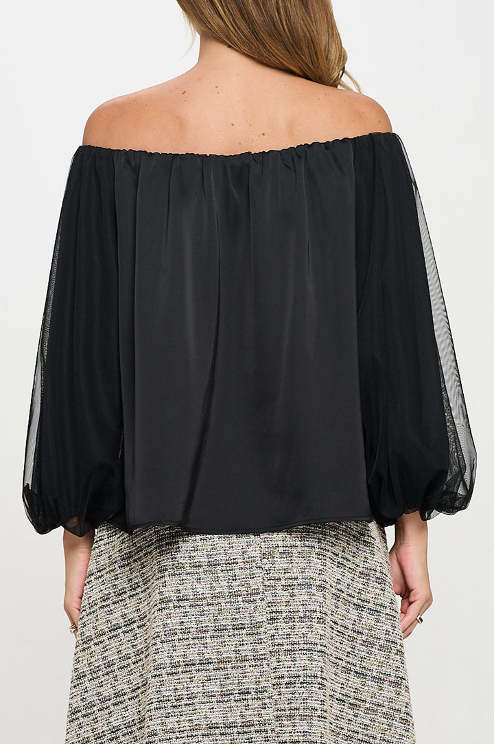 Solid Satin Front Versatile Top with Puff Sheer Sleeve-3