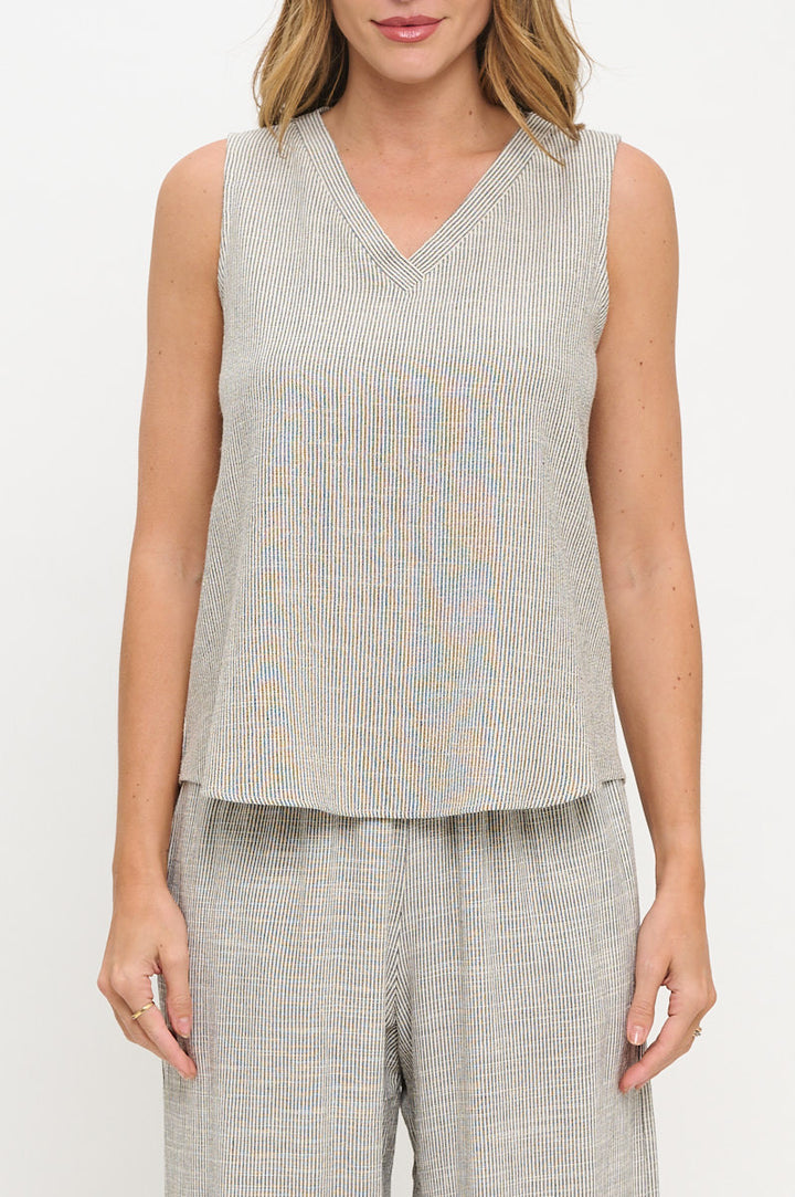 Linen Striped V neck Sleeveless Top-1