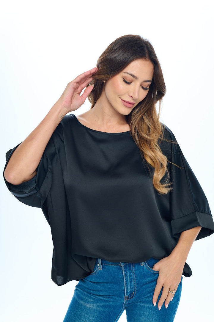 Stretch Satin Solid Round neck Oversize Top-0