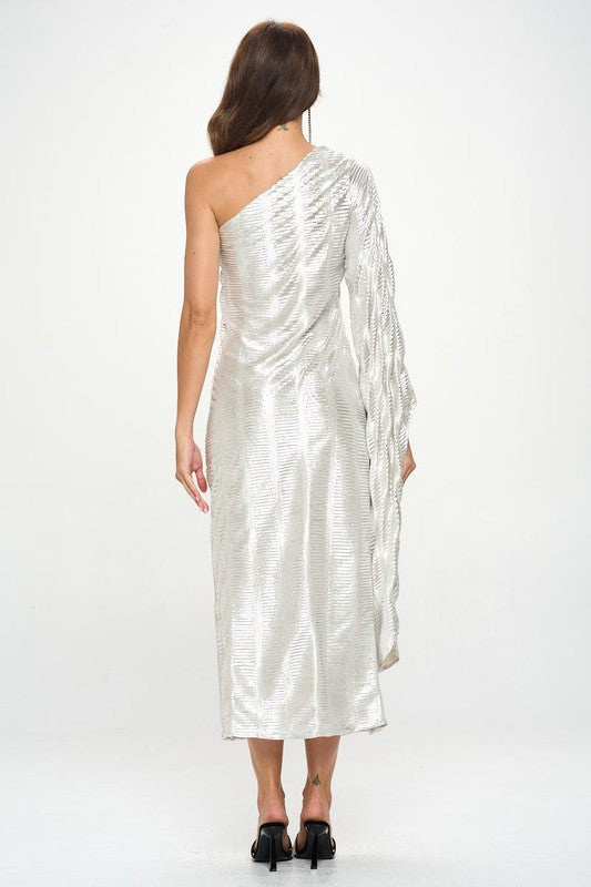 Metallic One Shoulder Bell Sleeve Maxi Dress-5