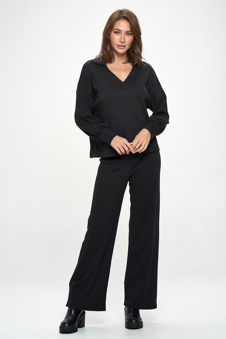 Rib Knit V neck Top with Collar-4