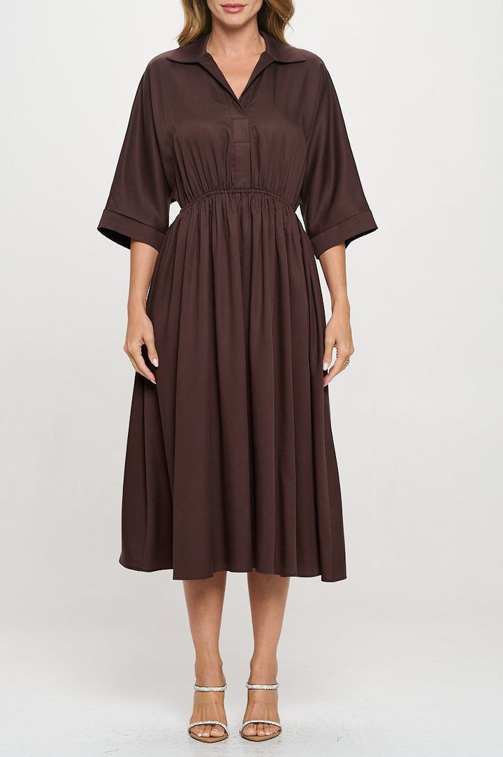 Tencel Collared V neck Midi Dress with Pockets-1
