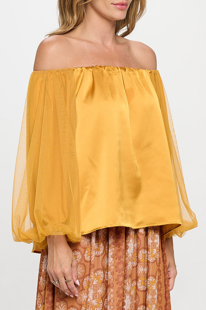 Solid Satin Front Versatile Top with Puff Sheer Sleeve-2