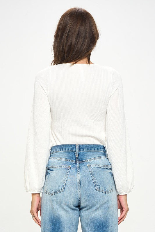 Square neck Rib Knit Long Sleeve Top-3
