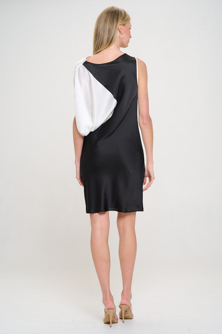 Asymmetric Color block Midi Dress with Drop Shoulder-4
