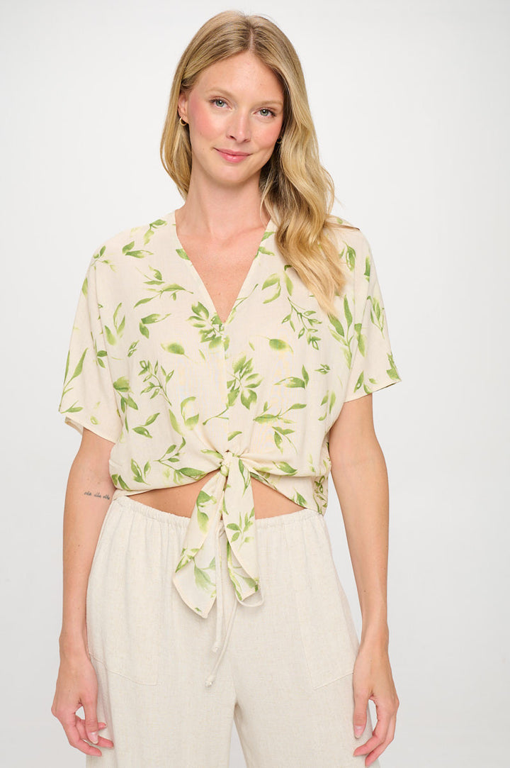 Linen Floral Print V neck Top with Front Tie-1