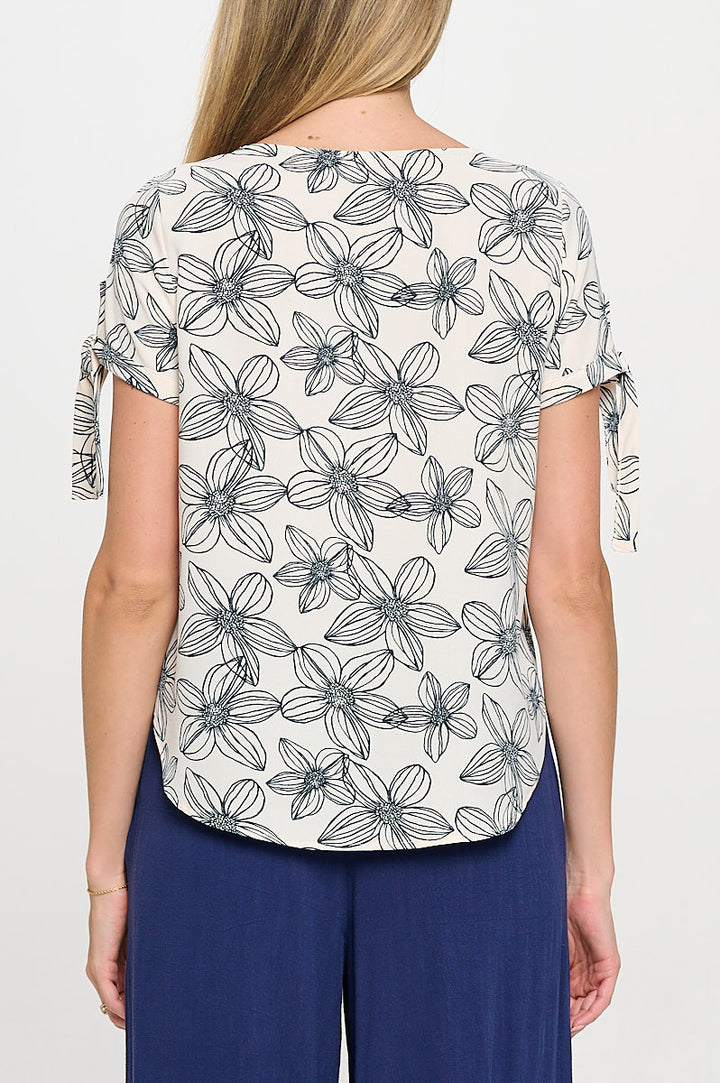 Floral Print Short Sleeve Top with Tie Sleeve-3