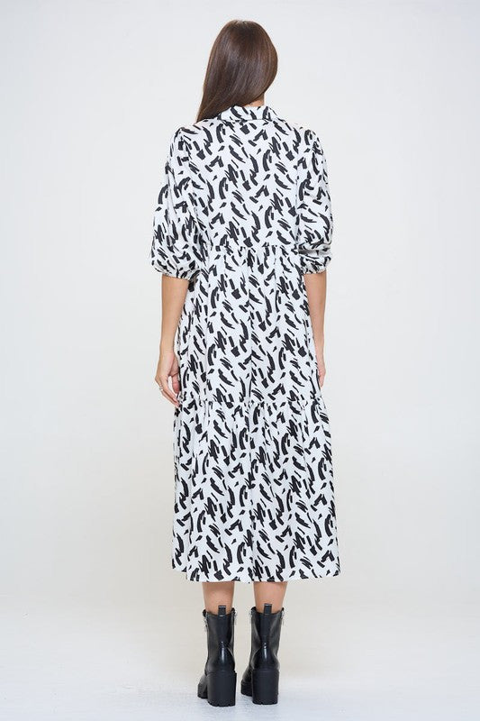 Print Collared V neck Tiered Dress with Pockets-5