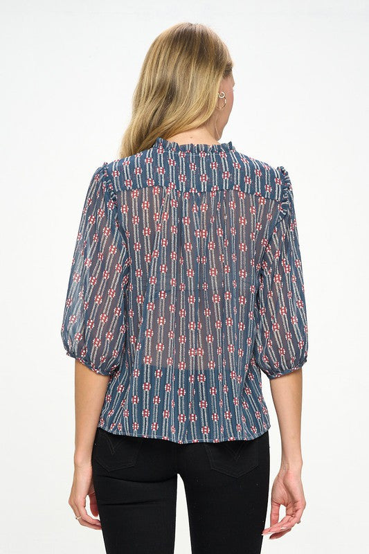 Print Semi Sheer Top with Tie-3
