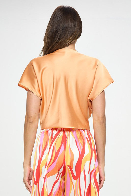 Satin Short Sleeve Top with Front Twist-2