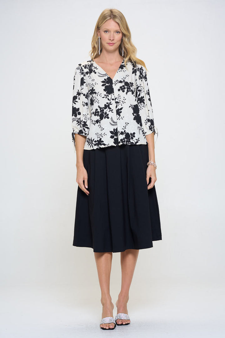 Flower Print V neck Top with Self Tie Sleeves-4