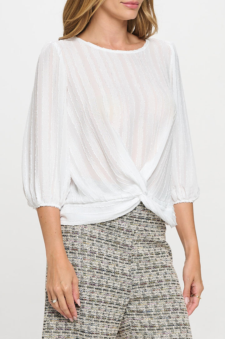Textured Sheer 3/4 Sleeve Top with Front Twist-2