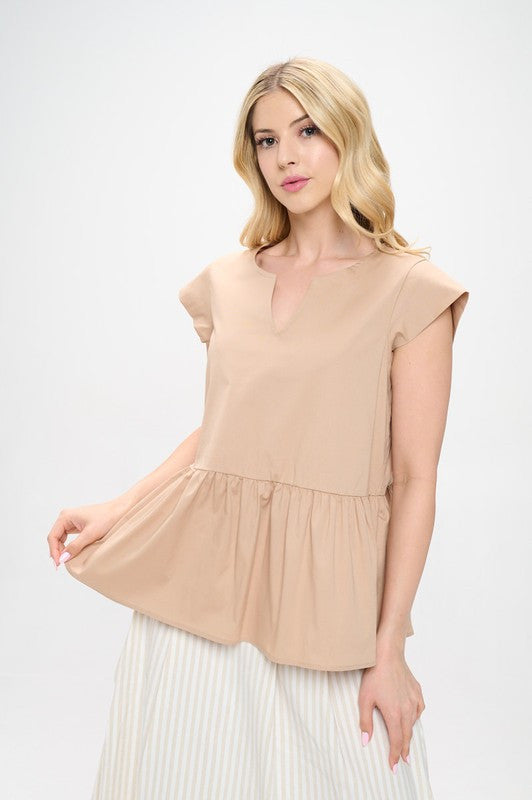 Cotton V neck Short Sleeve Top with Tiered Hem-1