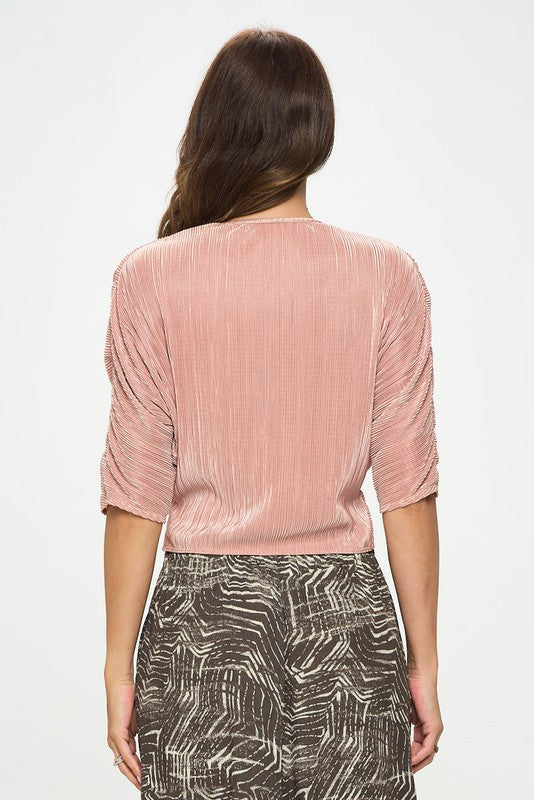 Plisse Mid Scrunched Sleeve Top with Front Twist-3