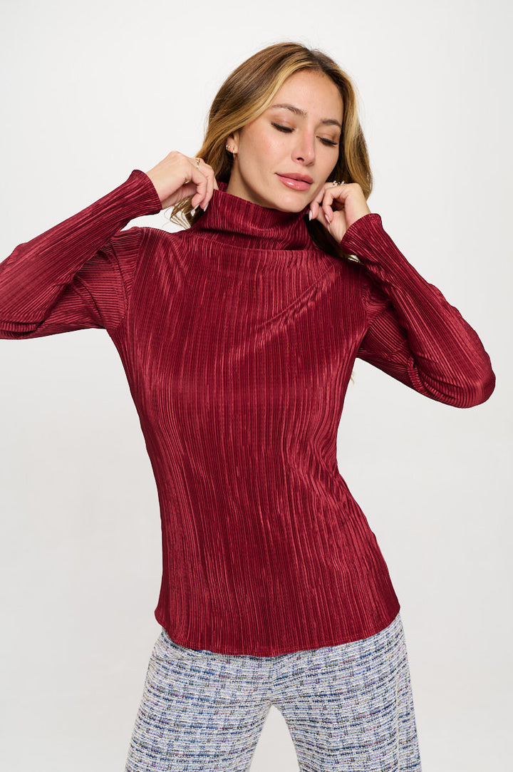 Plisse Long Sleeve Mock Neck Top-0