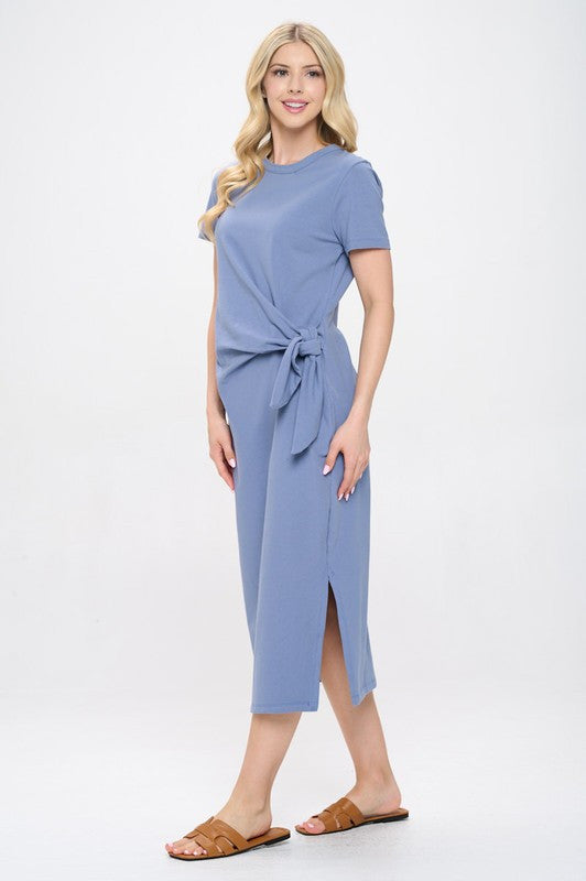 Solid Short Sleeve Bodycon Midi Dress with Front Tie and Slit-3